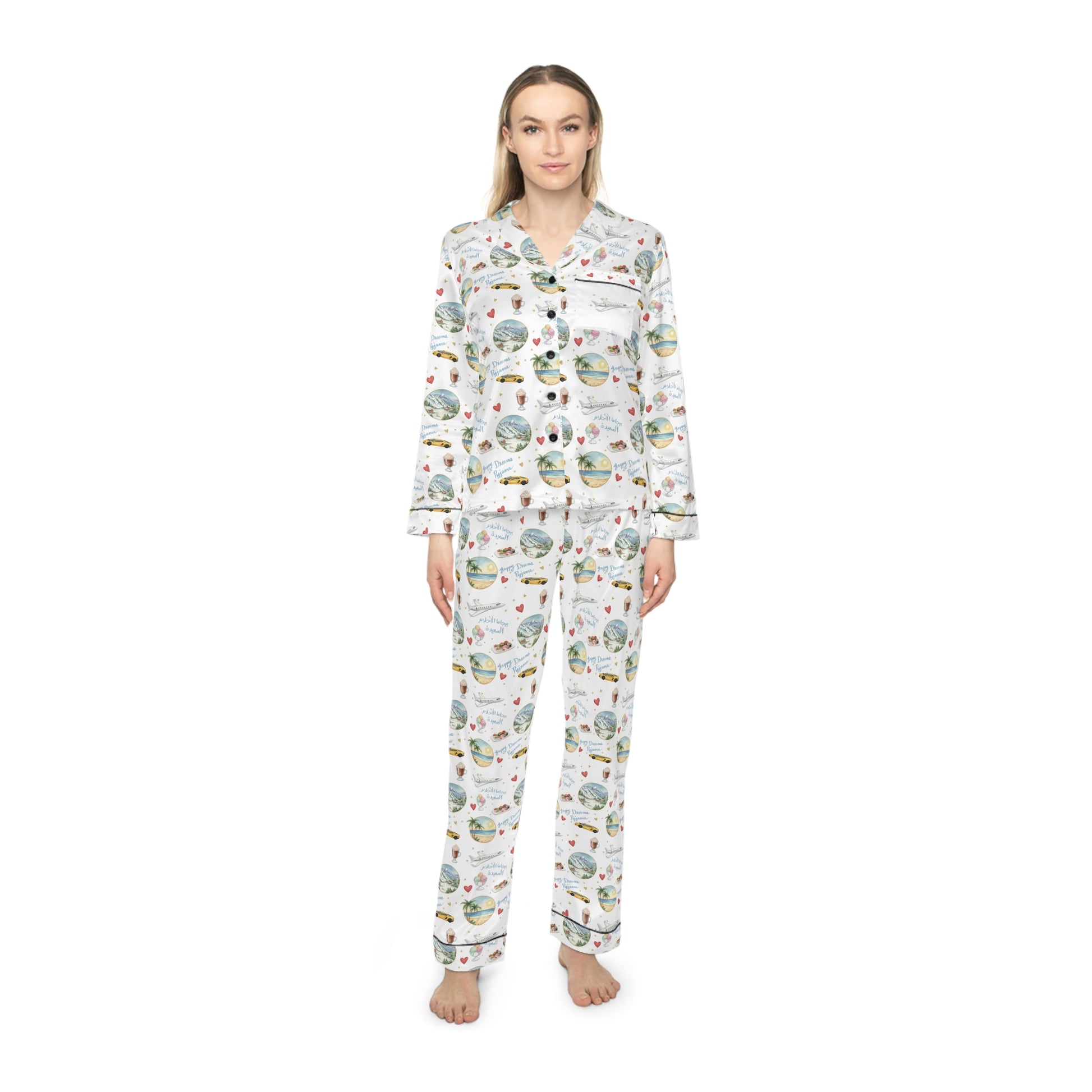 Woman wearing a patterned pajama set on a white background
