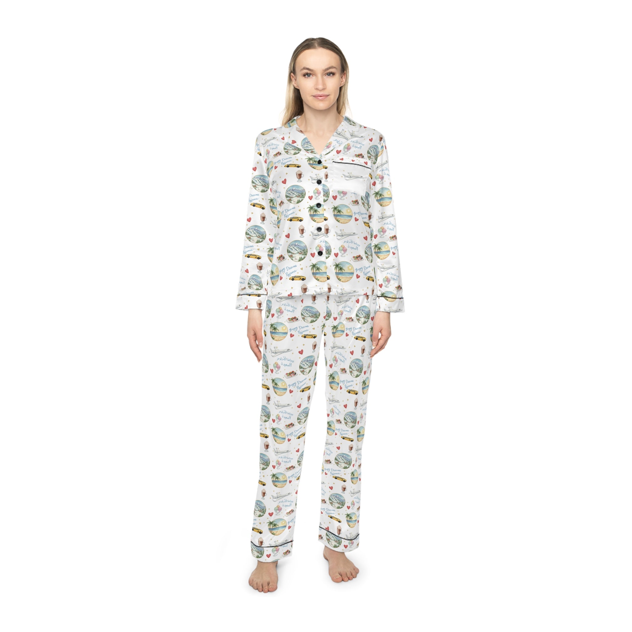Woman wearing a patterned pajama set on a white background
