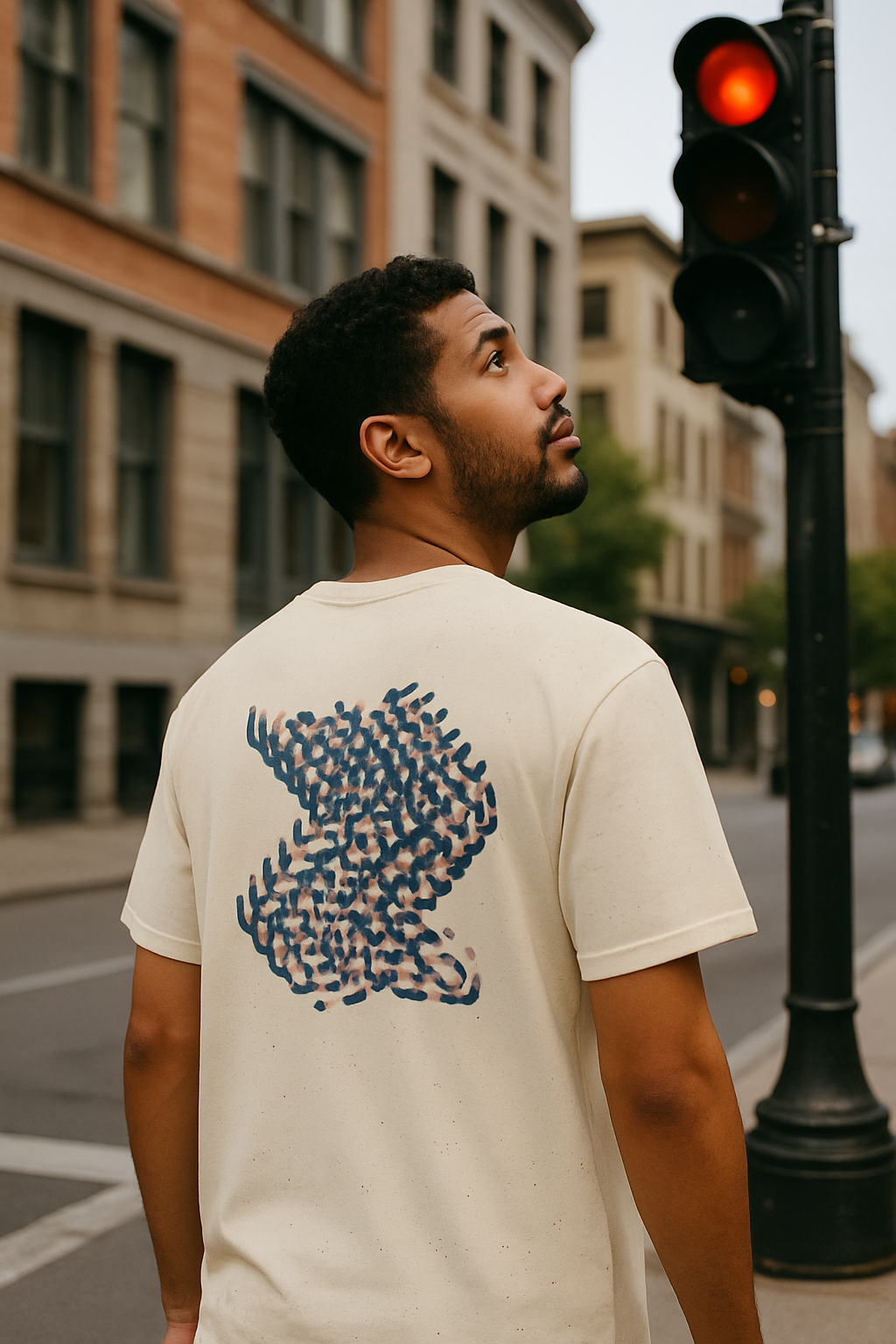 Man wearing a beige t-shirt with a graphic design on the back, standing on a city street.