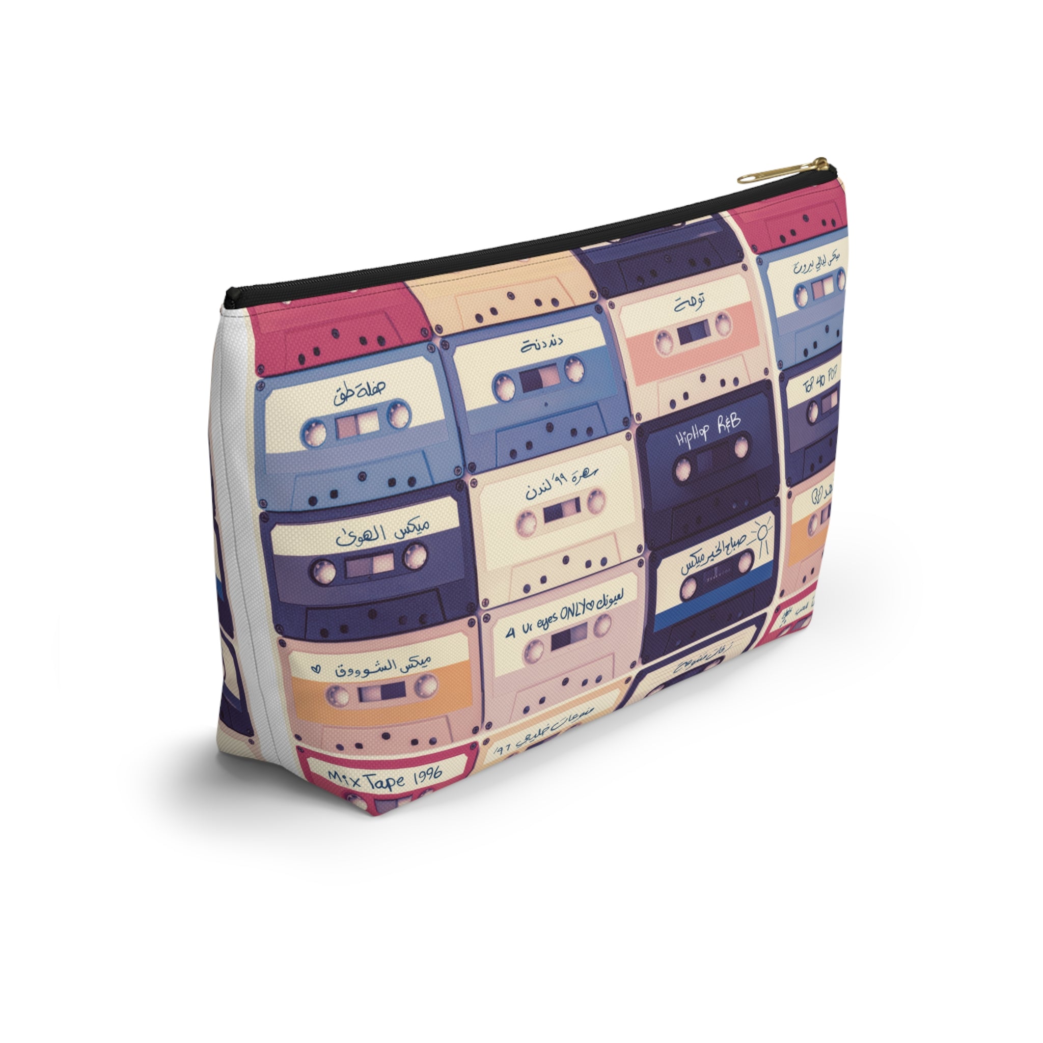 Retro Arabic and English Cassette Pattern Travel and Makeup Pouch