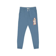 Blue sweatpants with a logo on a white background