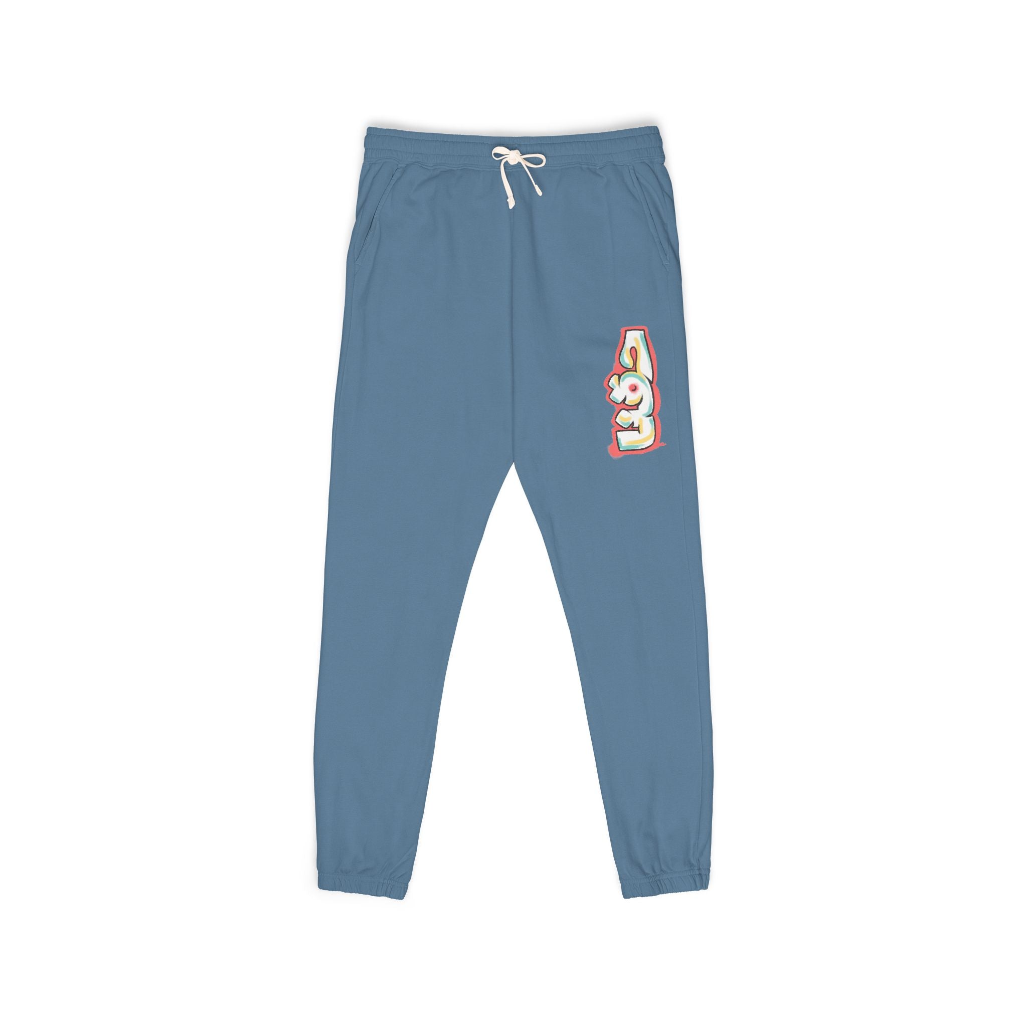 Blue sweatpants with a logo on a white background