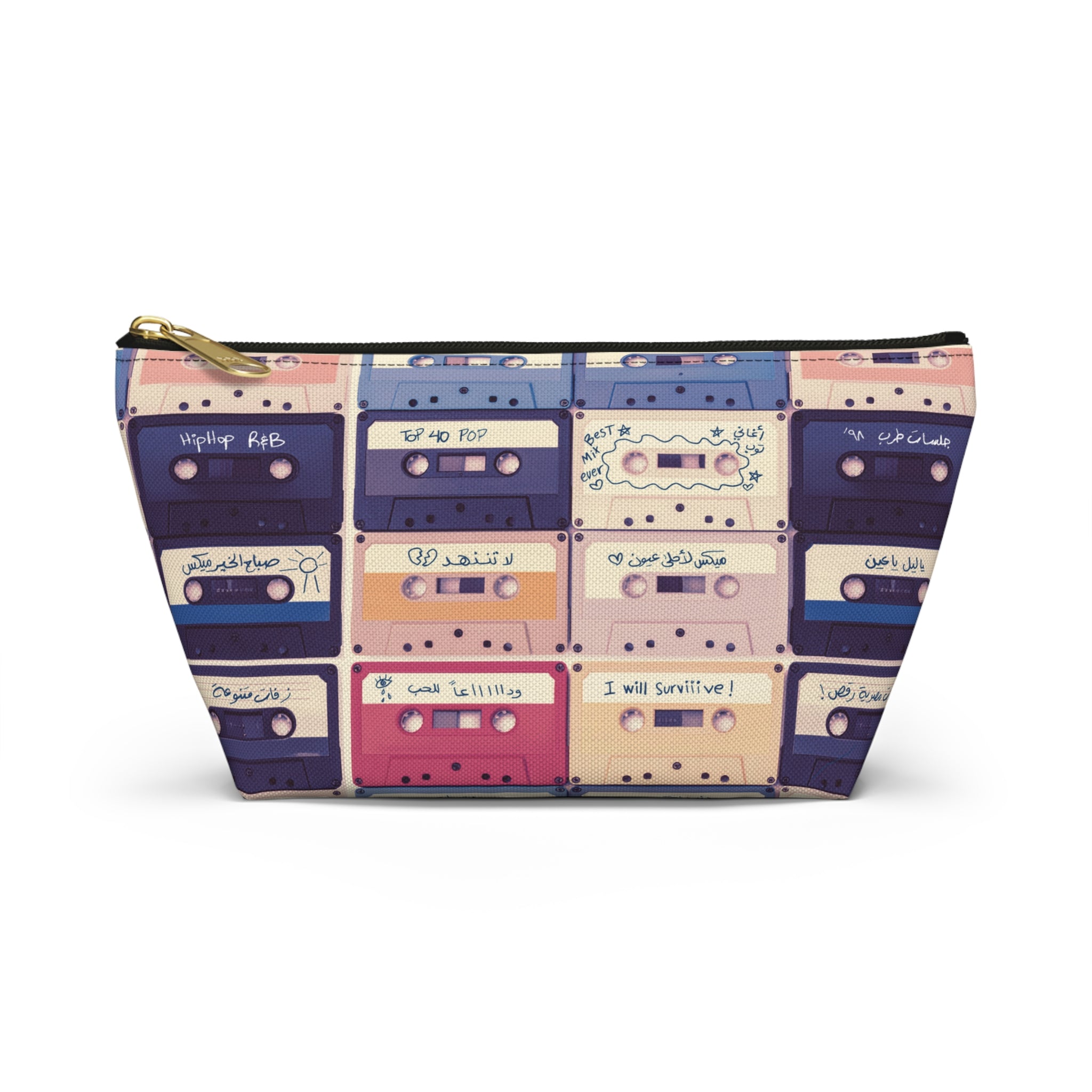 Retro Arabic and English Cassette Pattern Travel and Makeup Pouch