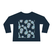 Navy blue long-sleeve shirt with a colorful abstract pattern on the back against a white background