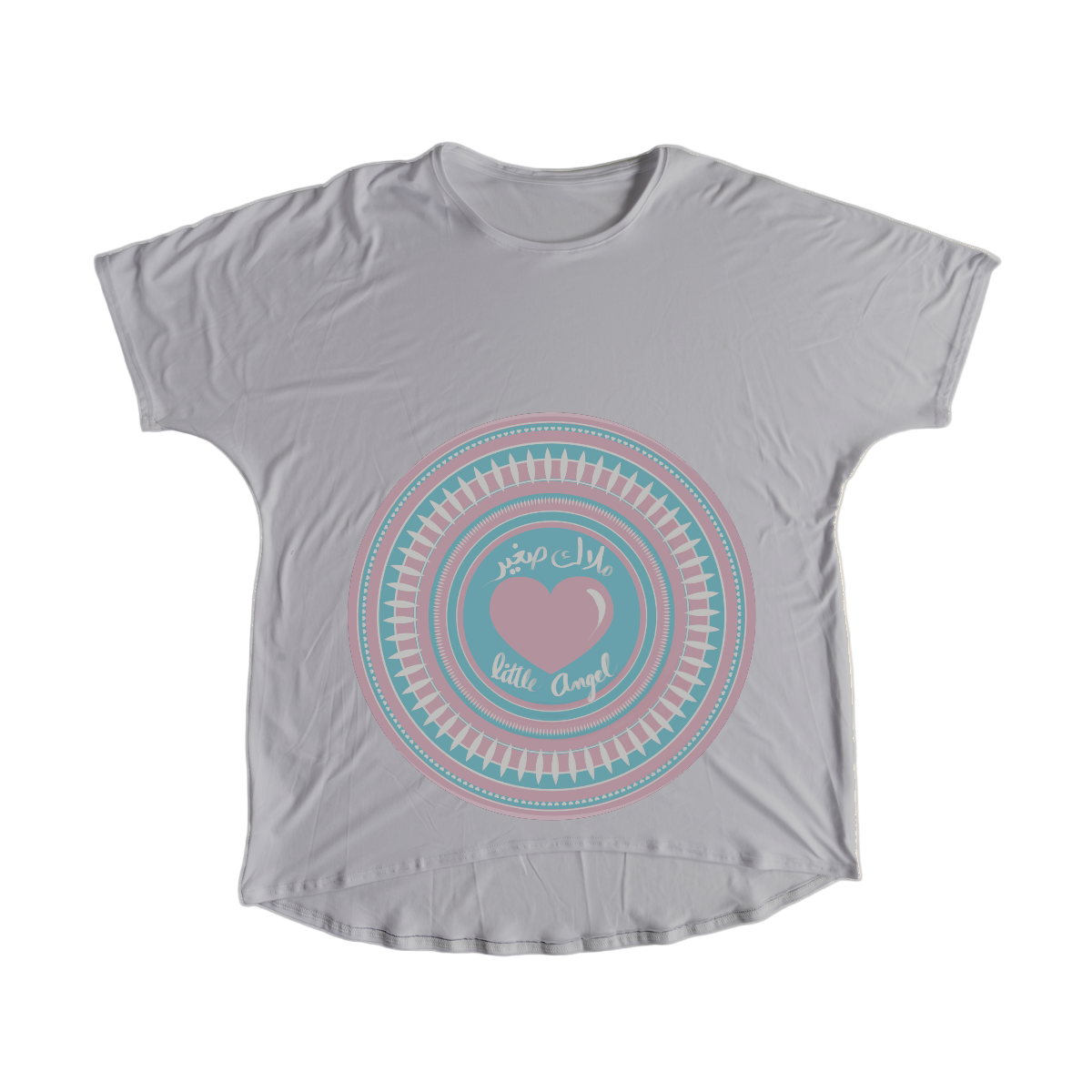 Gray t-shirt with a circular design and heart on a beige background