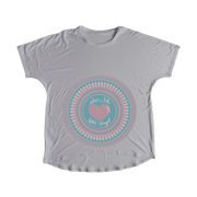 Gray t-shirt with a circular design and heart on a beige background