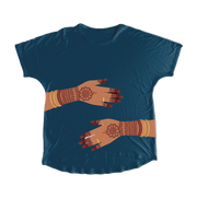 Navy blue t-shirt with graphic of hands with henna designs on a white background
