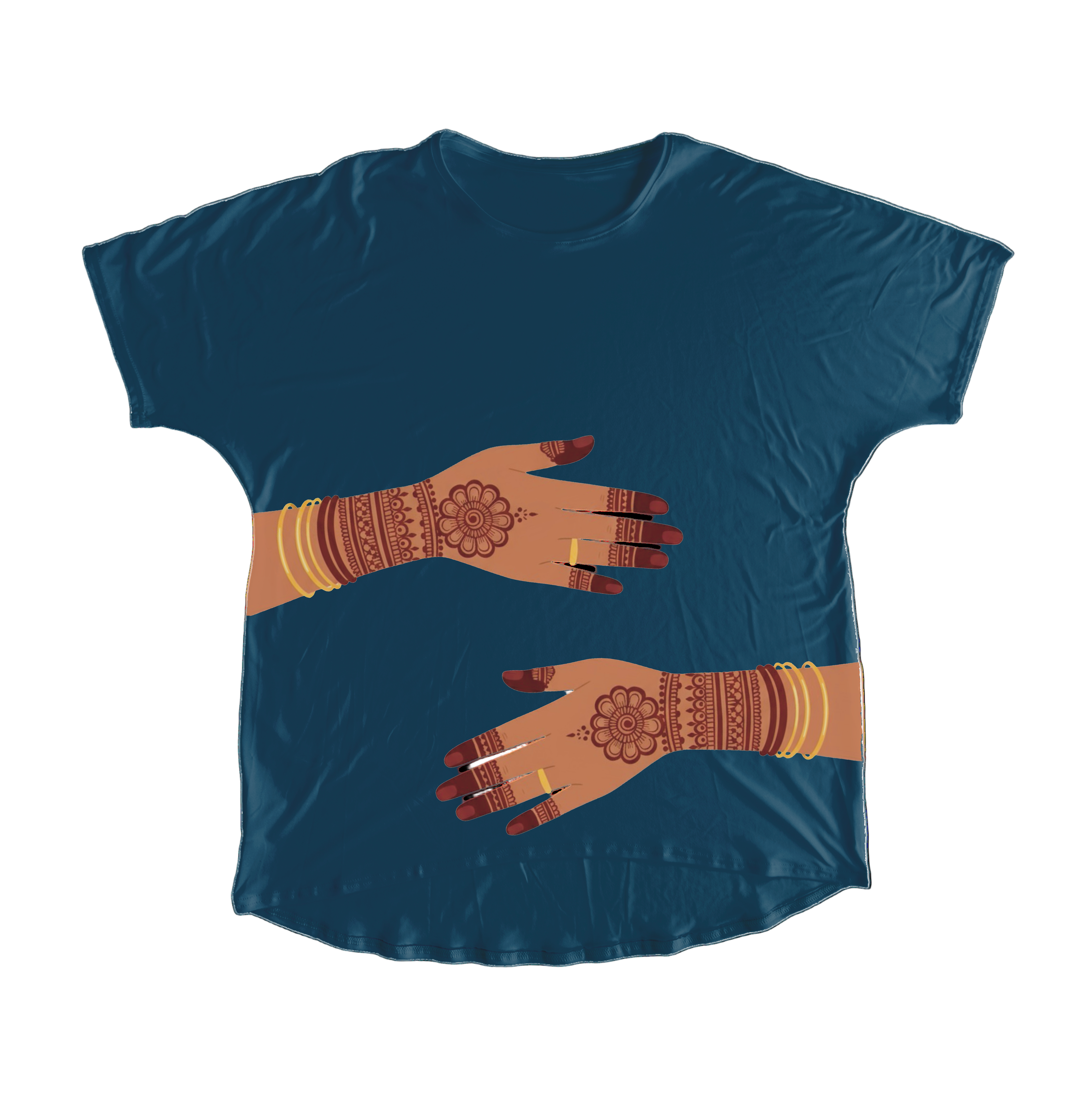 Navy blue t-shirt with graphic of hands with henna designs on a white background