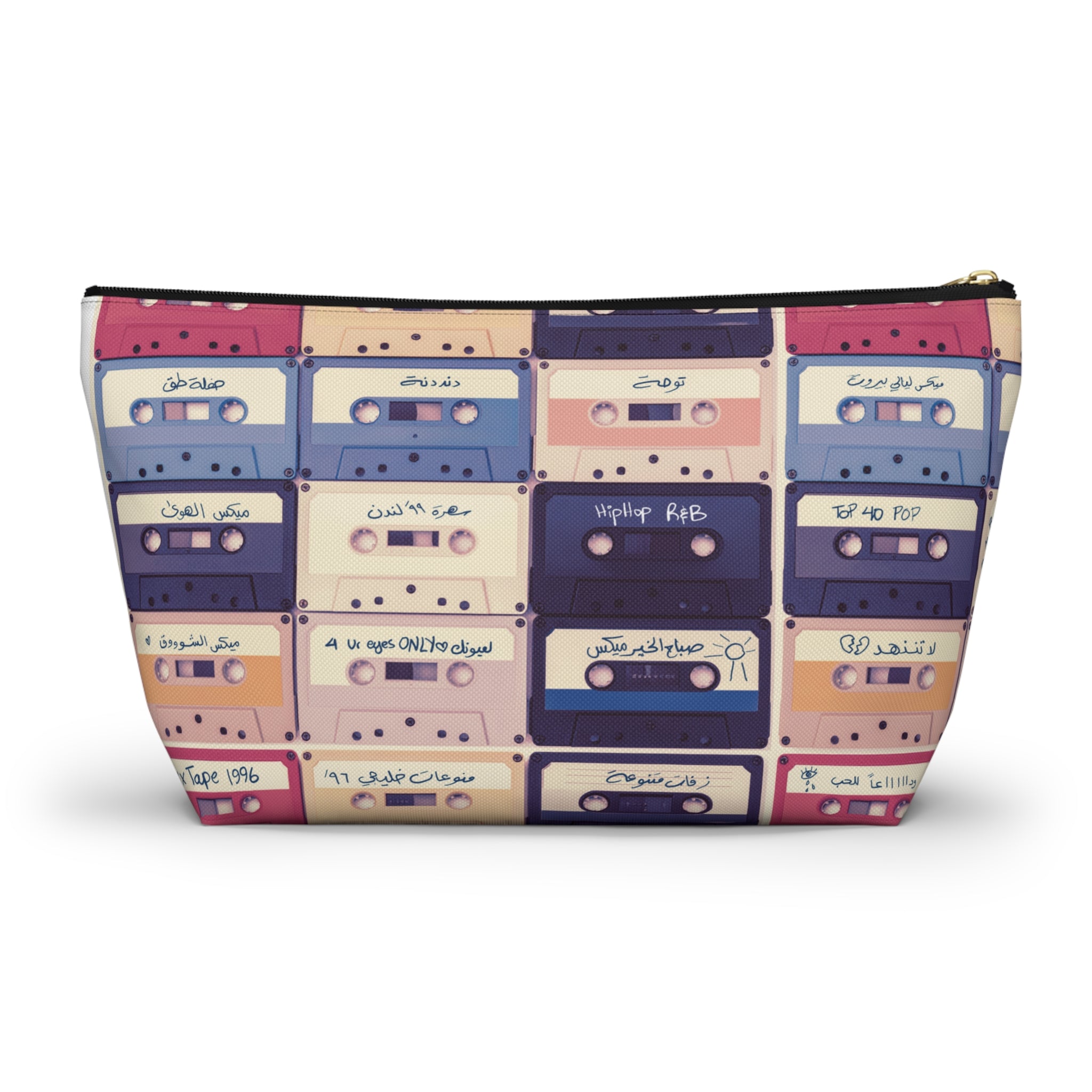Retro Arabic and English Cassette Pattern Travel and Makeup Pouch