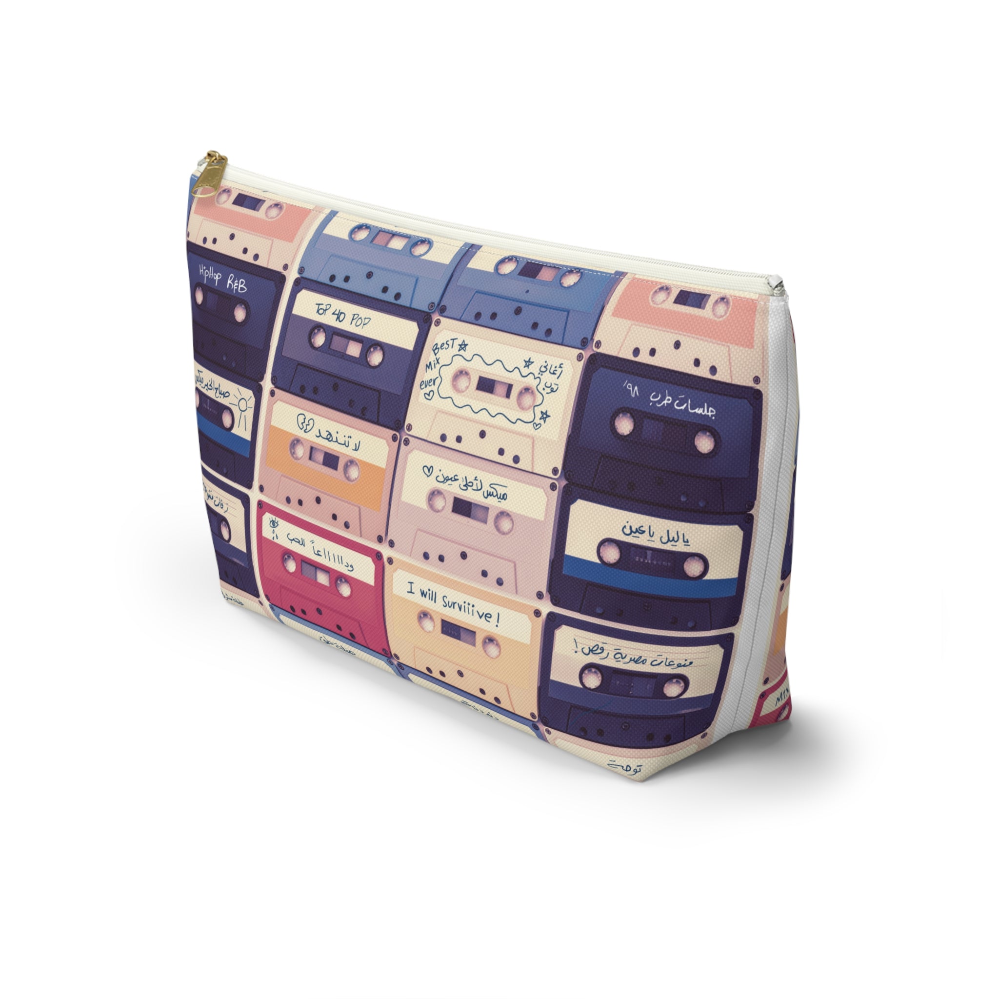 Retro Arabic and English Cassette Pattern Travel and Makeup Pouch