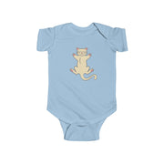 Light blue baby onesie with a cat design on a white background