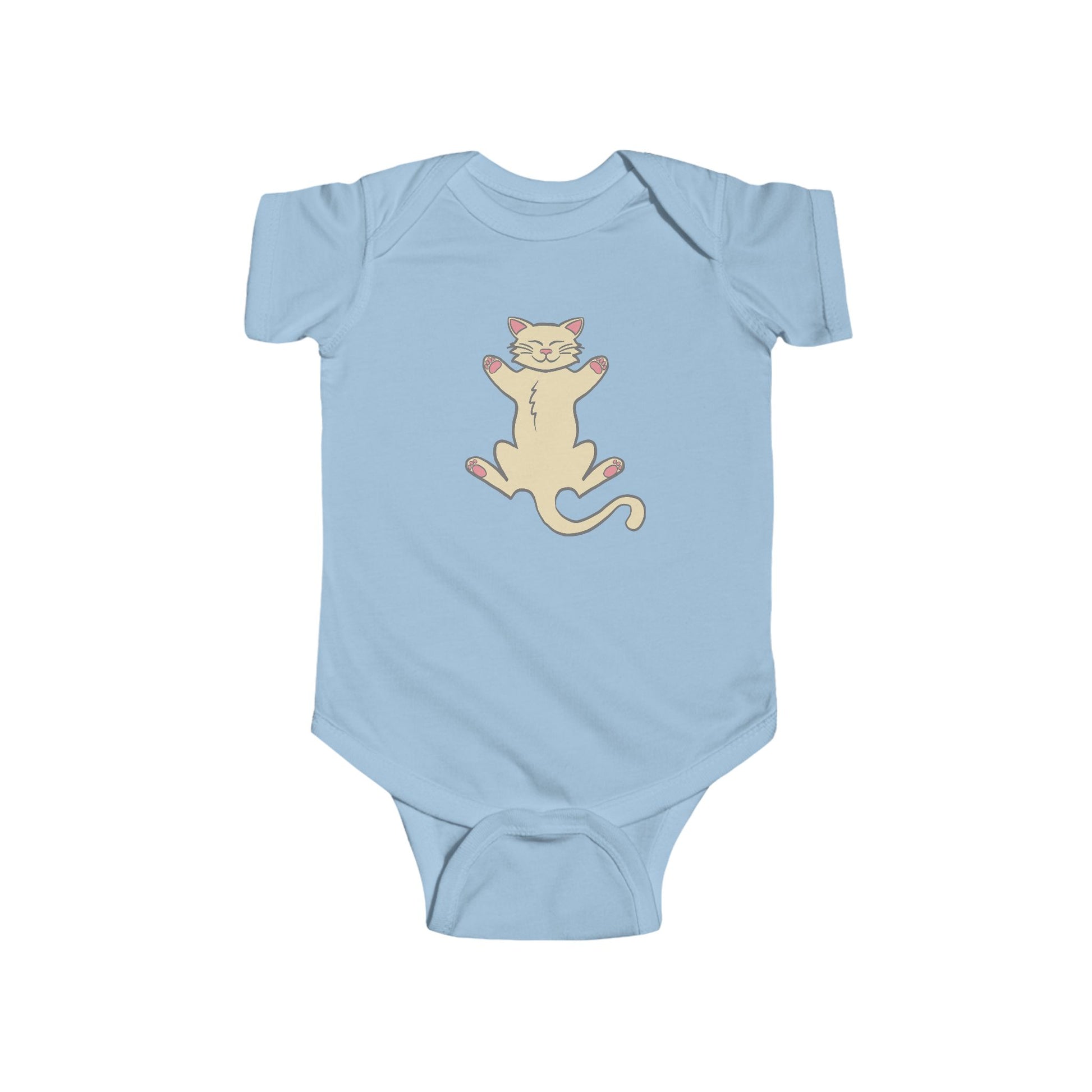 Light blue baby onesie with a cat design on a white background