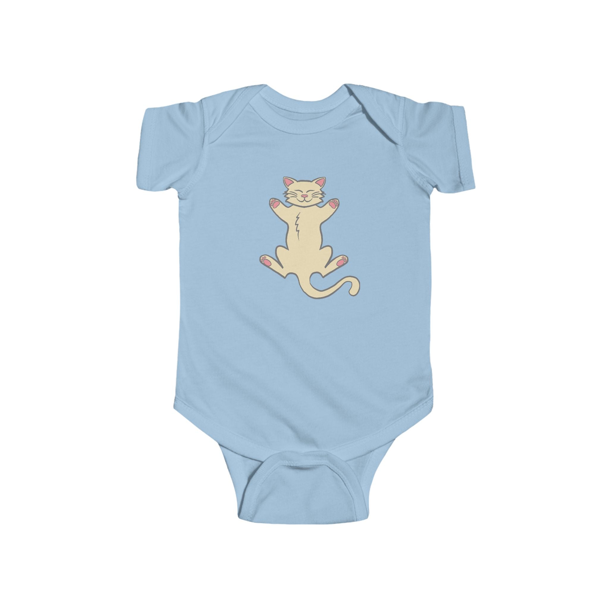 Light blue baby onesie with a cat design on a white background