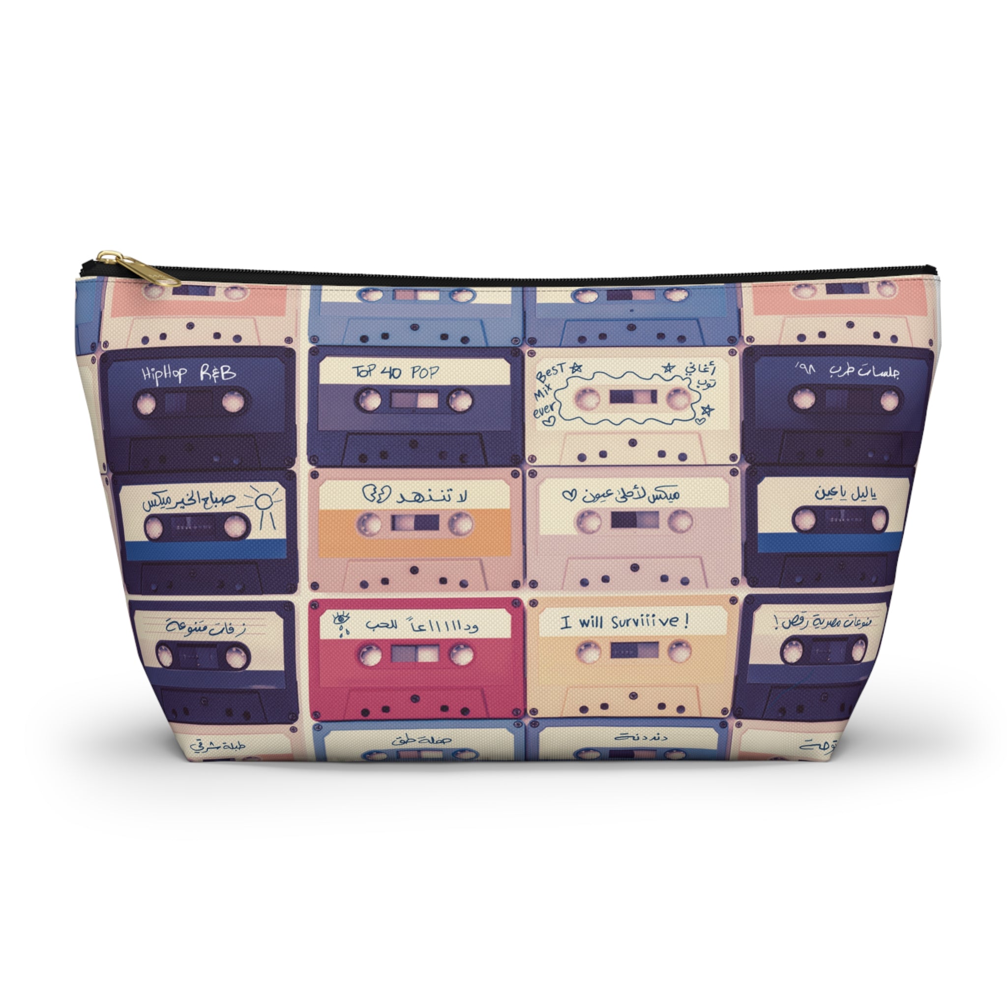 Retro Arabic and English Cassette Pattern Travel and Makeup Pouch