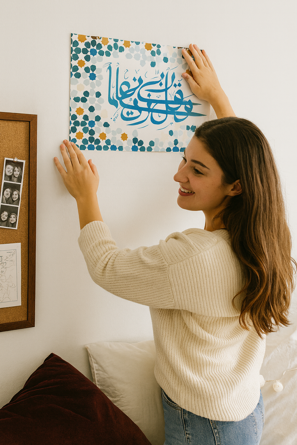 Woman hanging a decorative wall piece with Arabic text in a room.